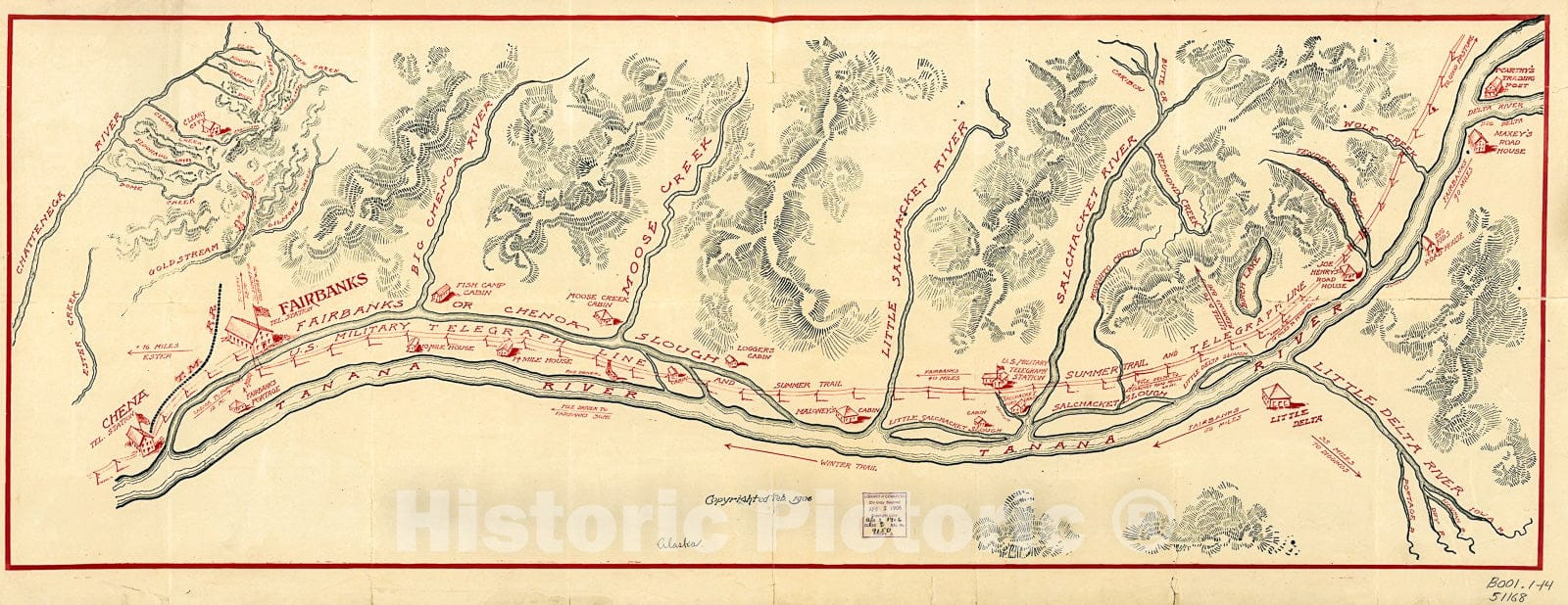 Historic 1906 Map - Fairbanks Alaska Region Showing U.S. Military Telegraph line