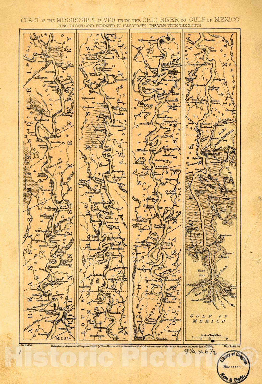 Historic 1863 Map - Chart of The Mississippi River from The Ohio River to Gulf of Mexico