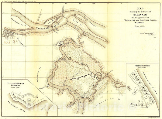 Historic 1865 Map - Map Showing The defences of Savannah, on The approaches of Wilmington and Savannah Rivers, Georgia. Flag Steamer;Harvest Moon; Feb. 8th 1865.