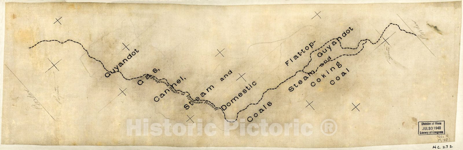 Historic 1880 Map - Sketch of The;Proposed Route of Virginias Railway; to Flat-top and Guyandot Coal Fields, West Virginia