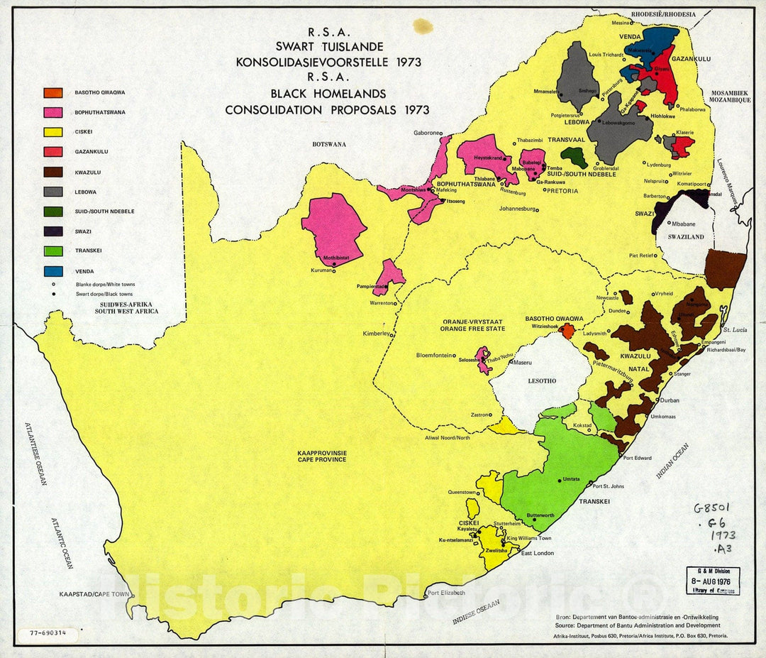 Historic 1973 Map - R.S.A. Swart tuislande konsolidasievoorstelle, 1973. R.S.A. Black homelands Consolidation proposals, 1973.
