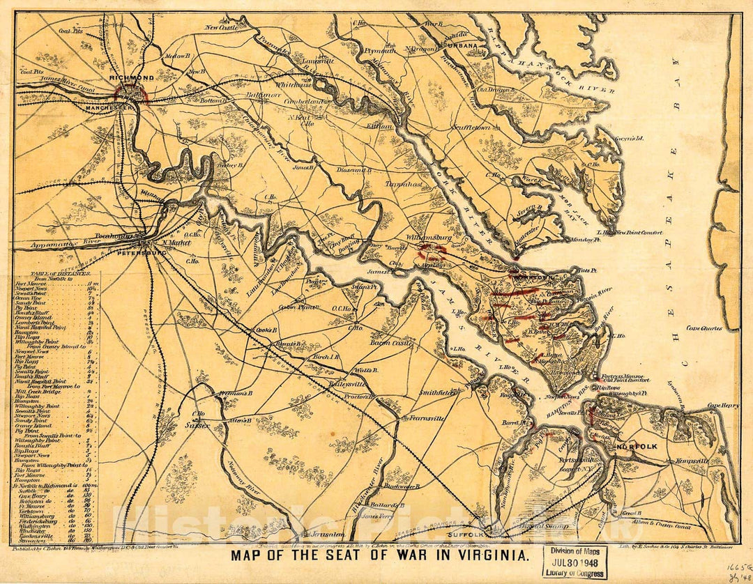 Historic c1862 Map - Map of The seat of war in Virginia