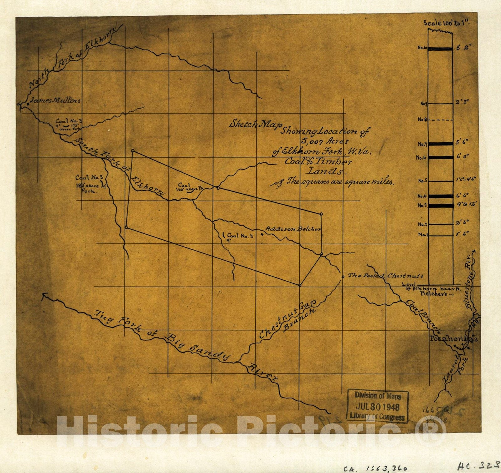 Historic 1870 Map - Sketch map Showing Location of 5,007 Acres of Elkhorn Fork, W. Va. Coal & Timber Lands.