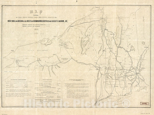 Historic 1849 Map - Map exhibiting The Rail Road, Canal, Lake, and River Routes from New York and Boston to The west : via Ocdensburgh sic and Sacket's sic Harbor, N.Y.