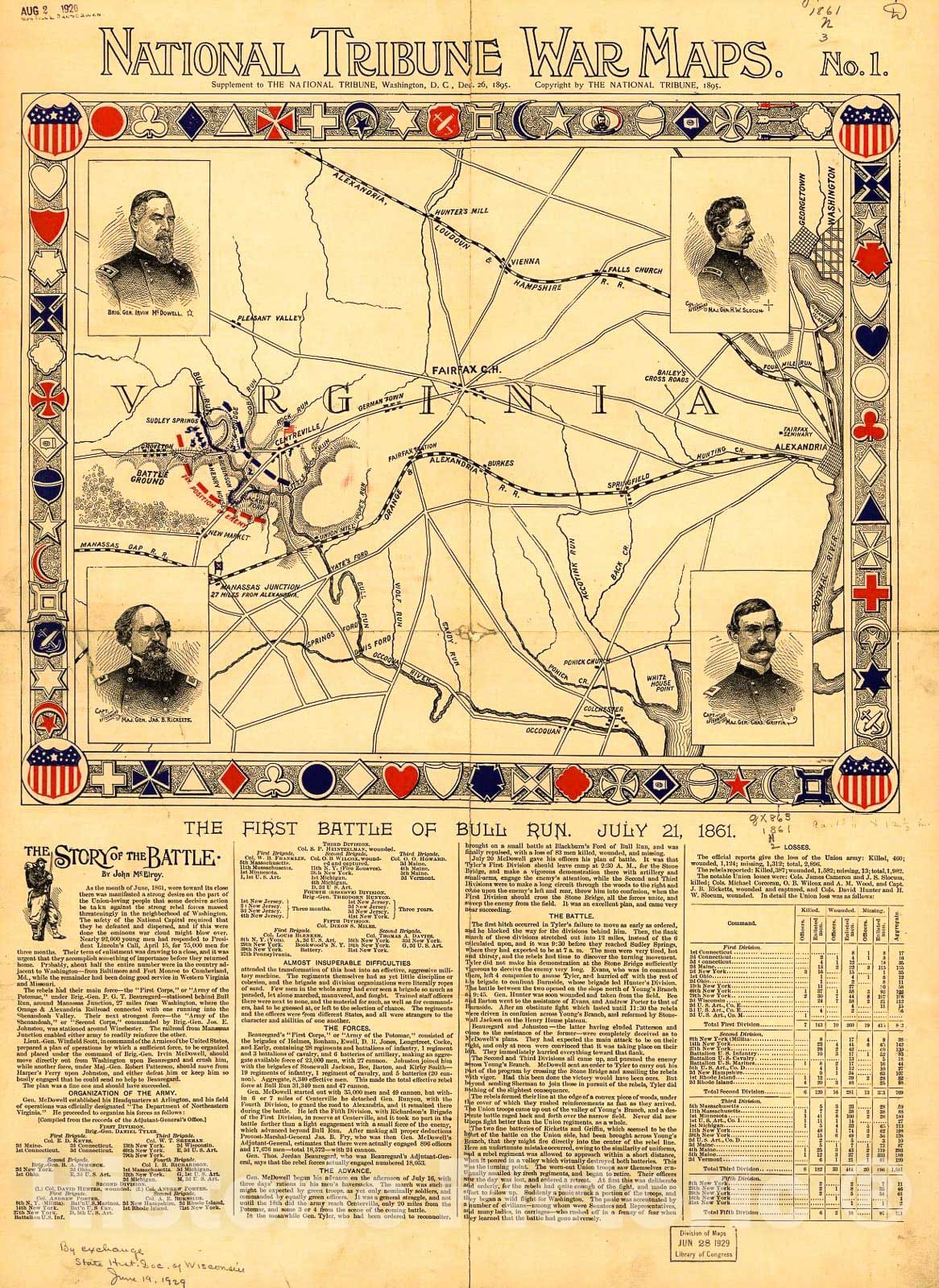 Historic 1861 Map - The First Battle of Bull Run. July 21, 1861. Washington, Dec 26, 1895.