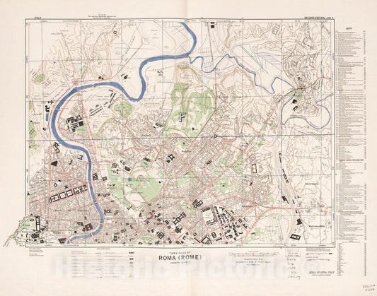 Historic 1944 Map - Town Plan of Roma (Rome)