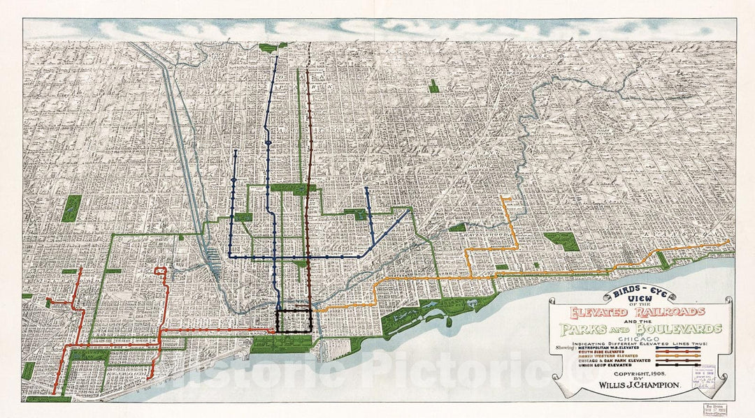 Historic 1908 Map - Birds-Eye View of The Elevated Railroads and The Parks and boulevards of Chicago.