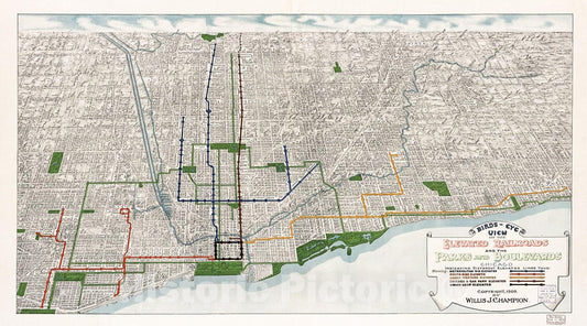 Historic 1908 Map - Birds-Eye View of The Elevated Railroads and The Parks and boulevards of Chicago.