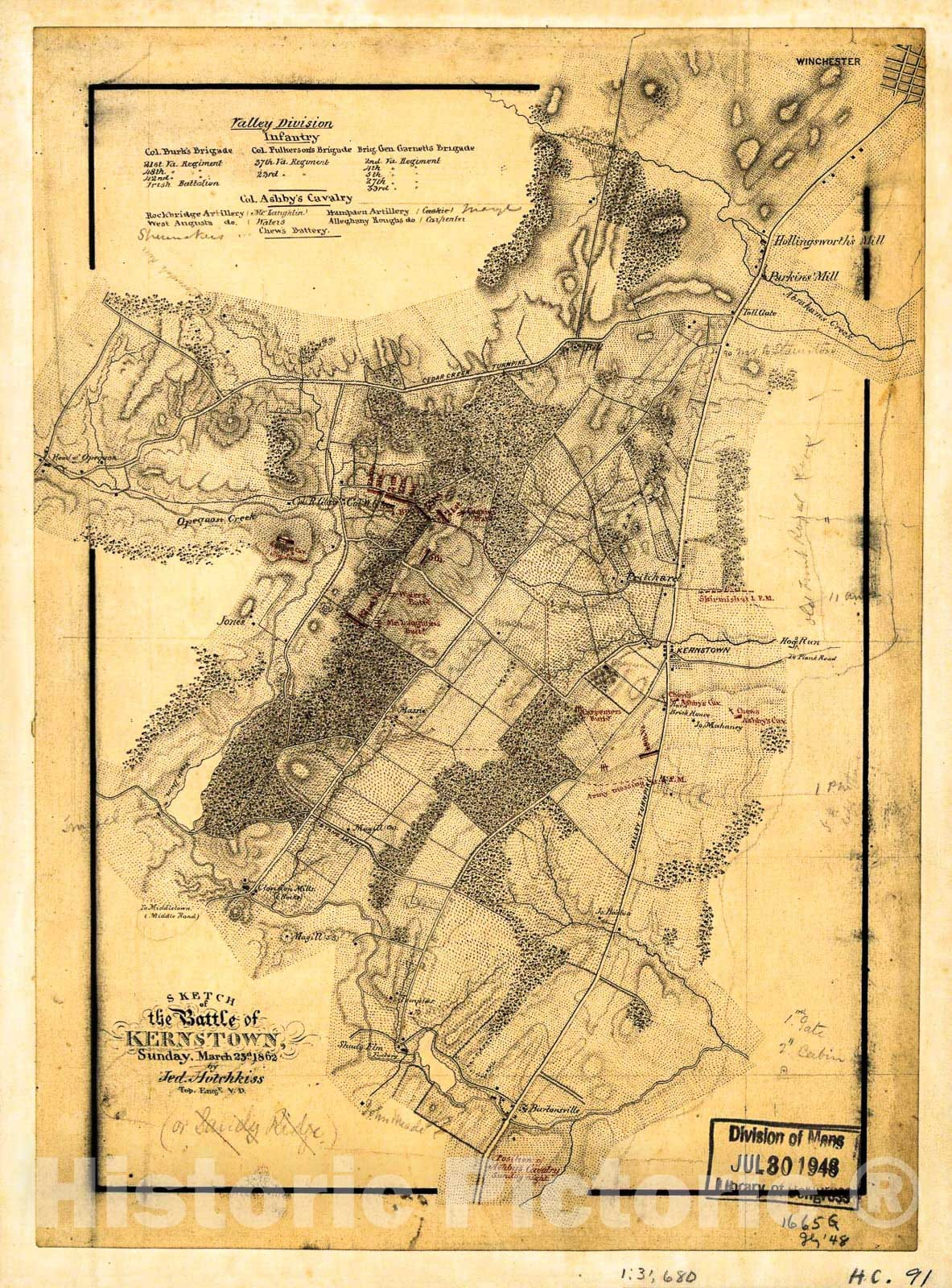 Historic 1861 Map - Sketch of The Battle of Kernstown, Sunday, March 23d 1862