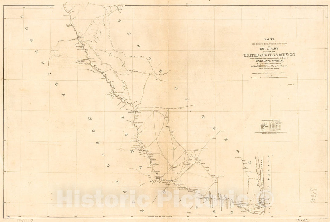 Historic 1852 Map - Boundary Between The United States & Mexico Agreed Upon by The Joint Commission Under The Treaty of Guadalupe Hidalgo : surveyed in 1852-53