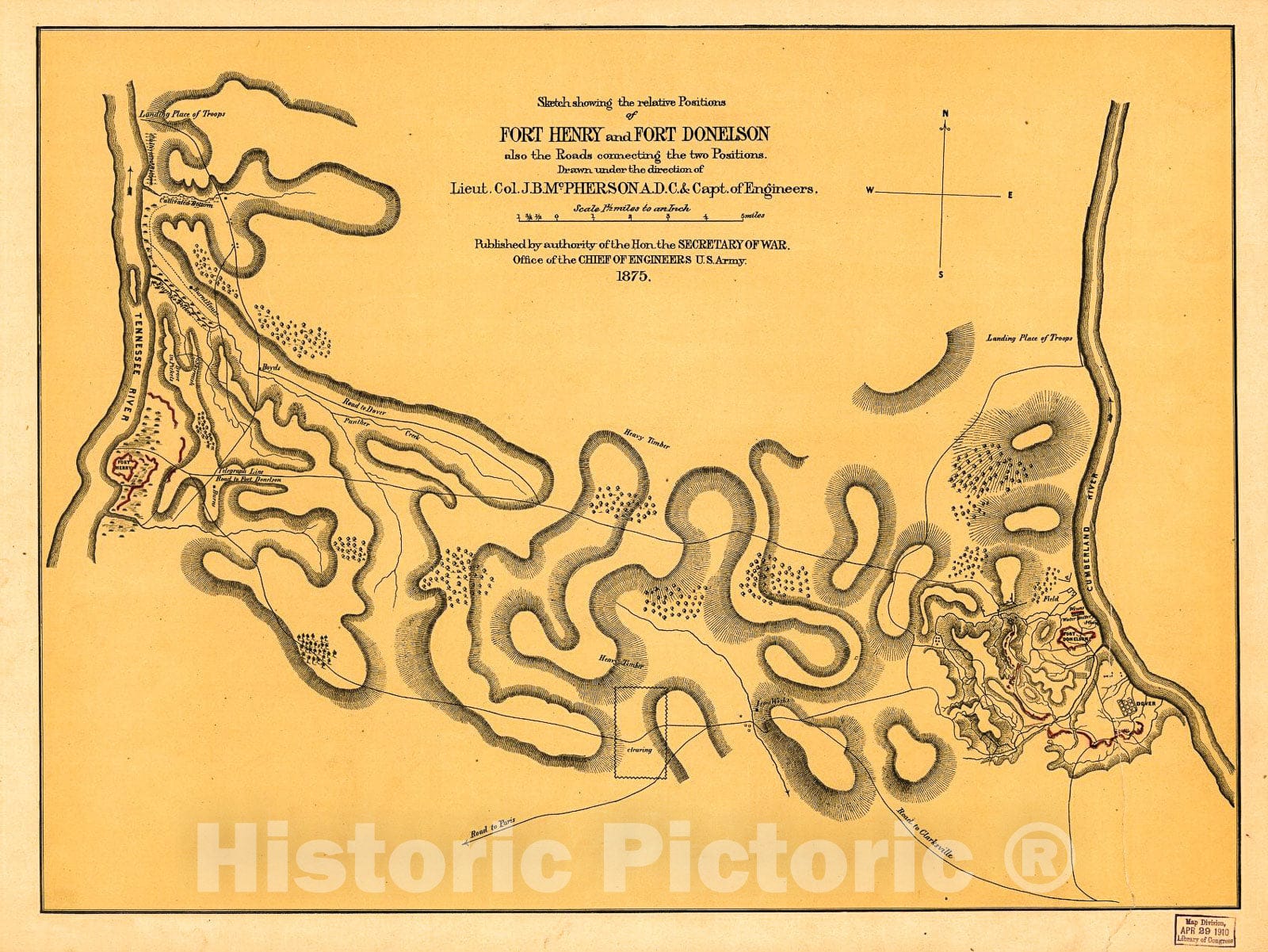 Historic 1875 Map - Sketch Showing The Relative Positions of Fort Henry and Fort Donelson, Also The Roads Connecting The Two Positions