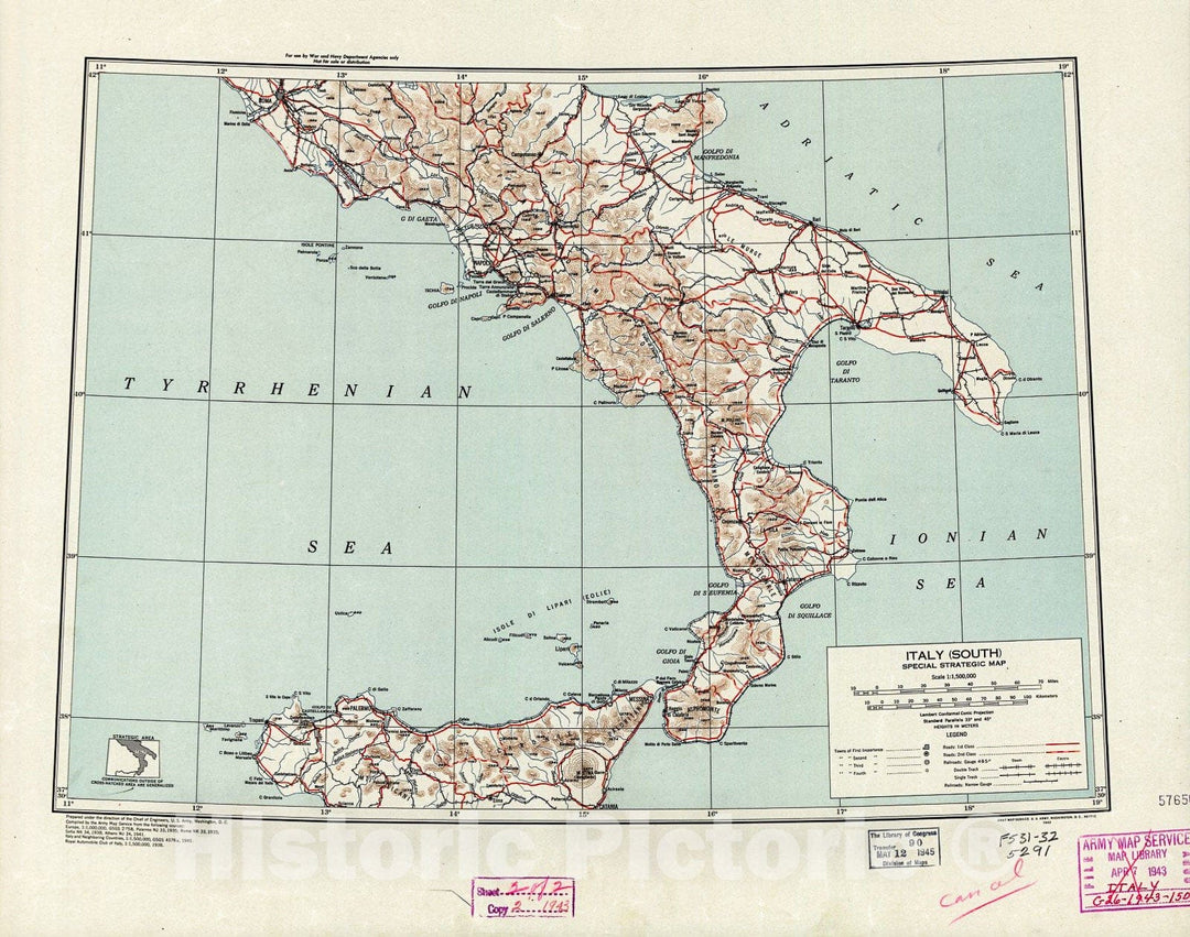 Historic 1943 Map - Italy : Special Strategic map.