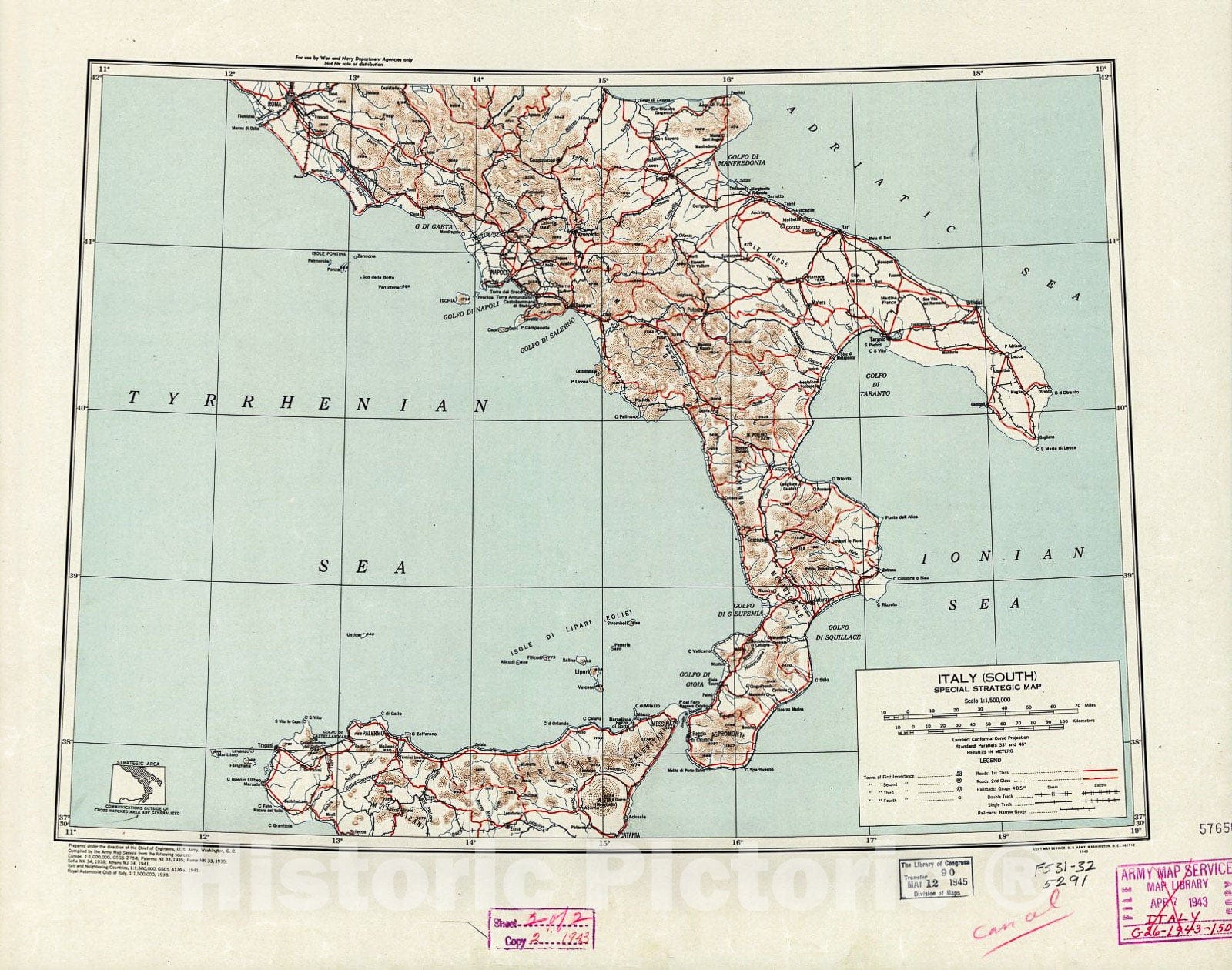 Historic 1943 Map - Italy : Special Strategic map.
