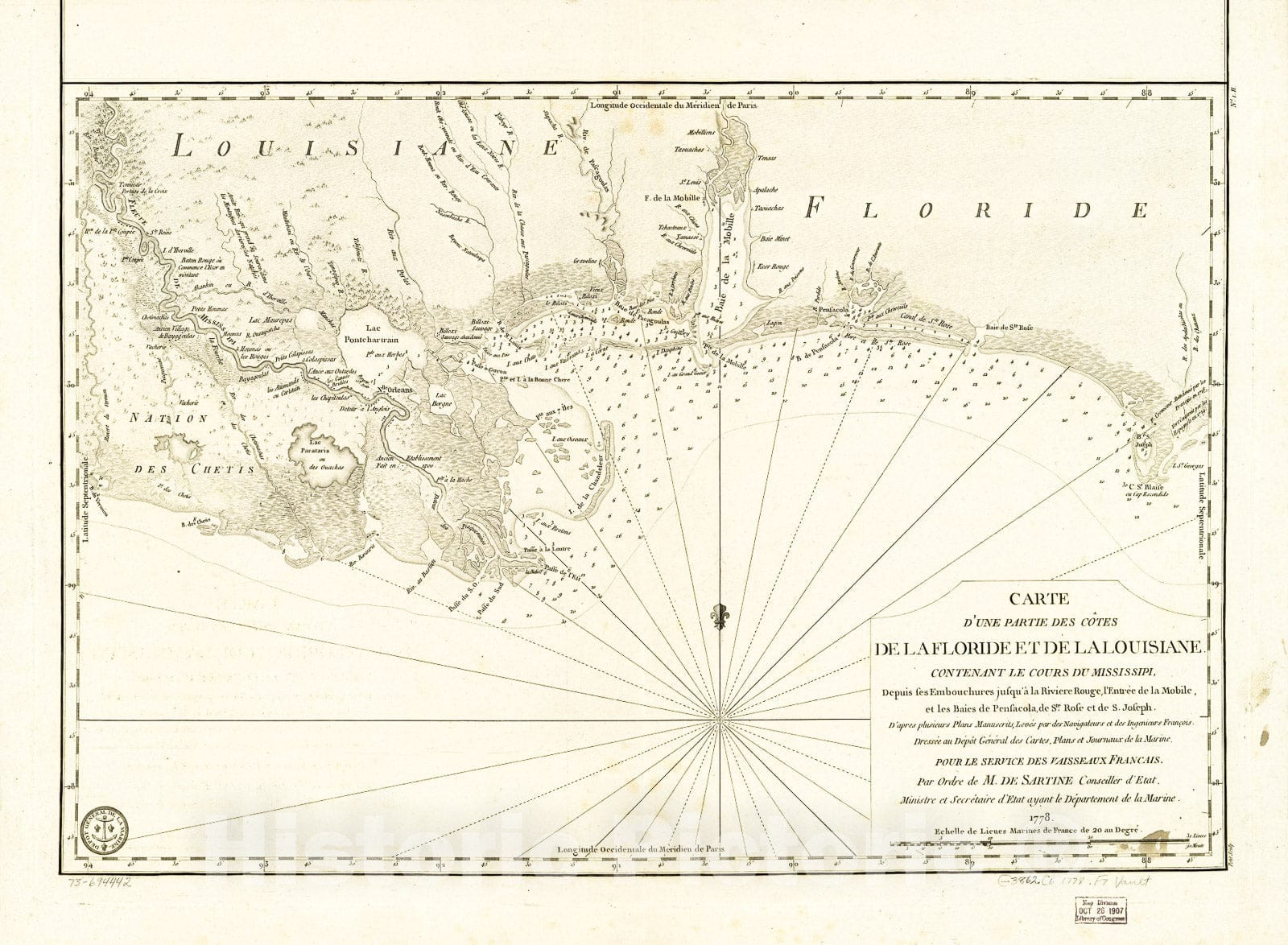 Historic 1778 Map - Carte d'une Partie des cÃ´tes de la Floride et de la Louisiane, contenant le Cours du Mississipi, Depuis SES embouchures jusqu'Ã  la RiviÃ¨re Rouge
