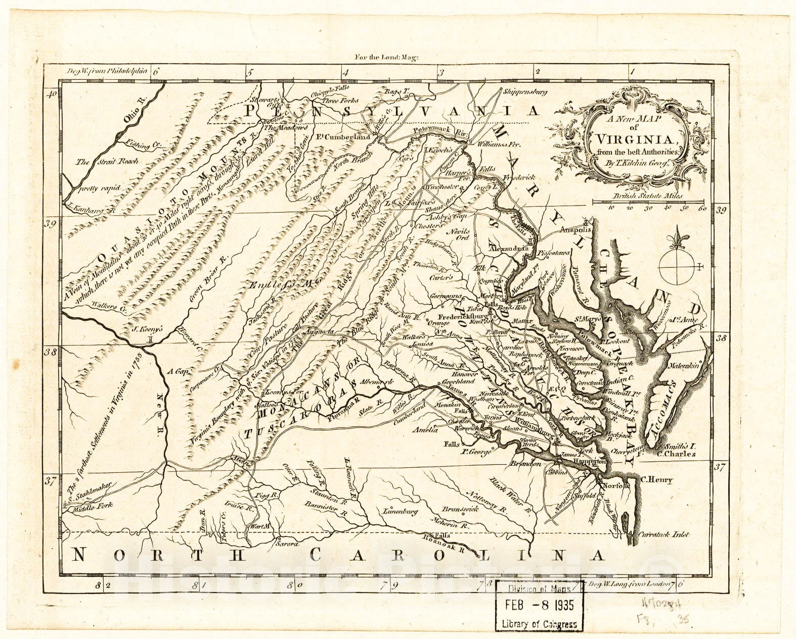 Historic 1761 Map - A New map of Virginia from The Best Authorities