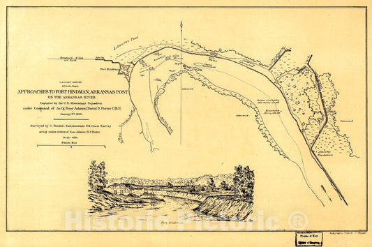 Historic 1863 Map - Approaches to Fort Hindman, Arkansas Post, on The Arkansas River : Captured by The U.S. Mississippi Squadron, Under Command of Act'g. Rear Admiral David D. Porter