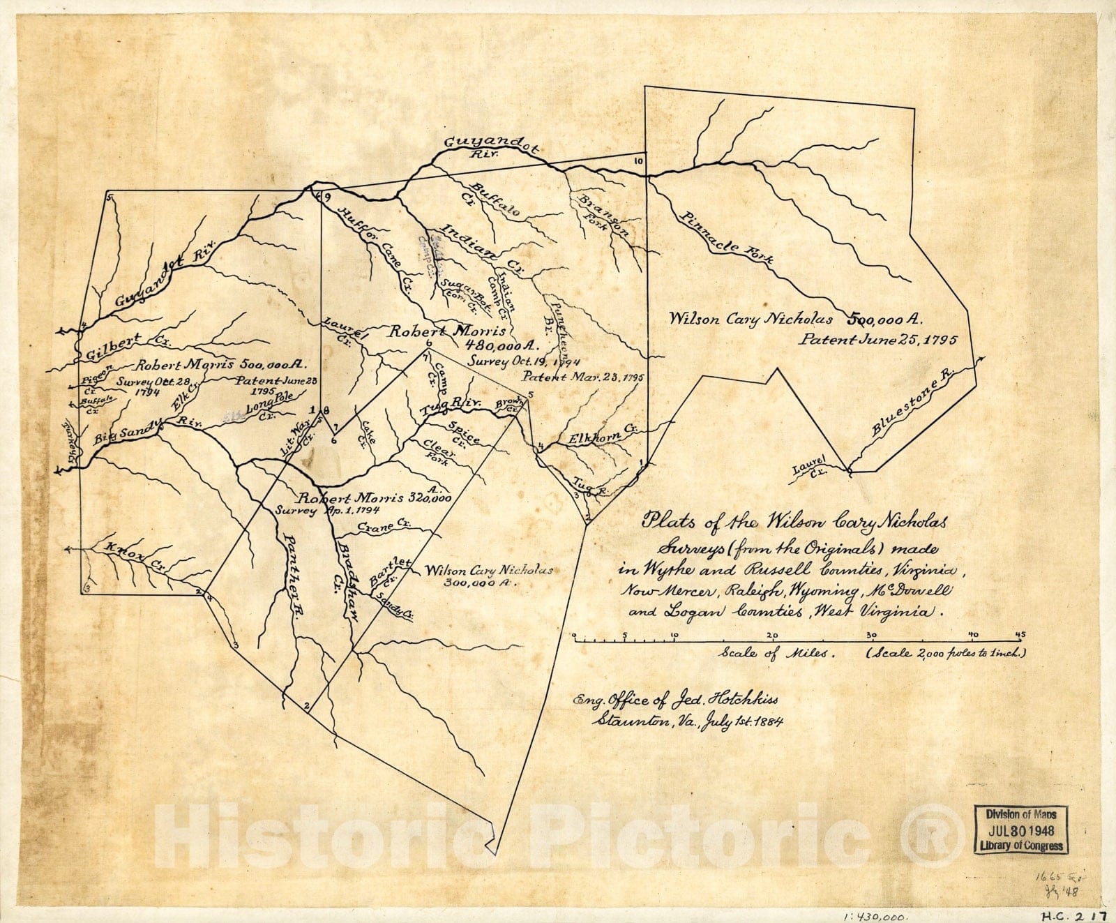 Historic 1795 Map - Plats of The Wilson Cary Nicholas surveys (from The Originals) Made in Wythe and Russell Counties, Virginia, Now Mercer, Raleigh, Wyoming, McDowell, and Logan Counties