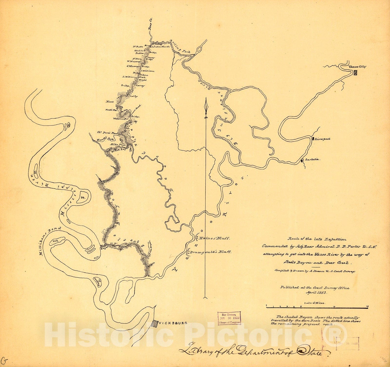 Historic 1863 Map - Route of The Late expedtion sic commanded by Act'g. Rear Admiral D. D. Porter U.S.N. Attempting to get into The Yazoo River by The Way of Steels Bayou and Deer Creek