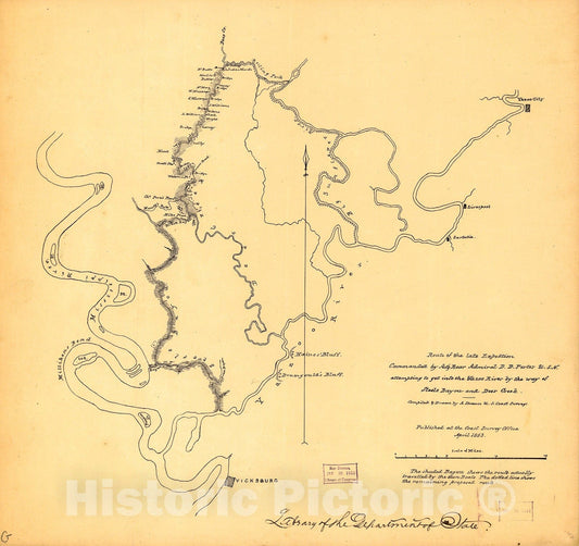 Historic 1863 Map - Route of The Late expedtion sic commanded by Act'g. Rear Admiral D. D. Porter U.S.N. Attempting to get into The Yazoo River by The Way of Steels Bayou and Deer Creek