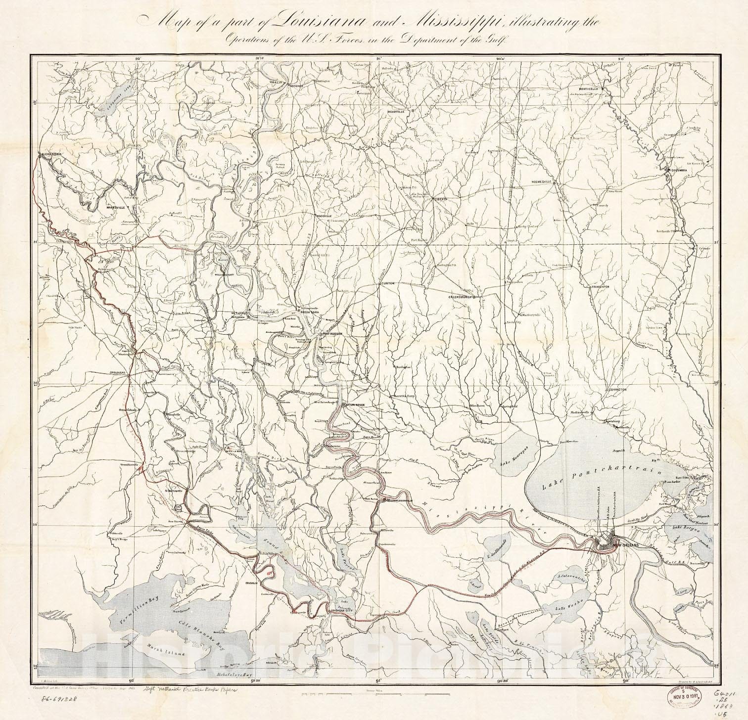 Historic 1863 Map - Map of a Part of Louisiana and Mississippi, Illustrating The Operations of The U.S. Forces in The Department of The Gulf