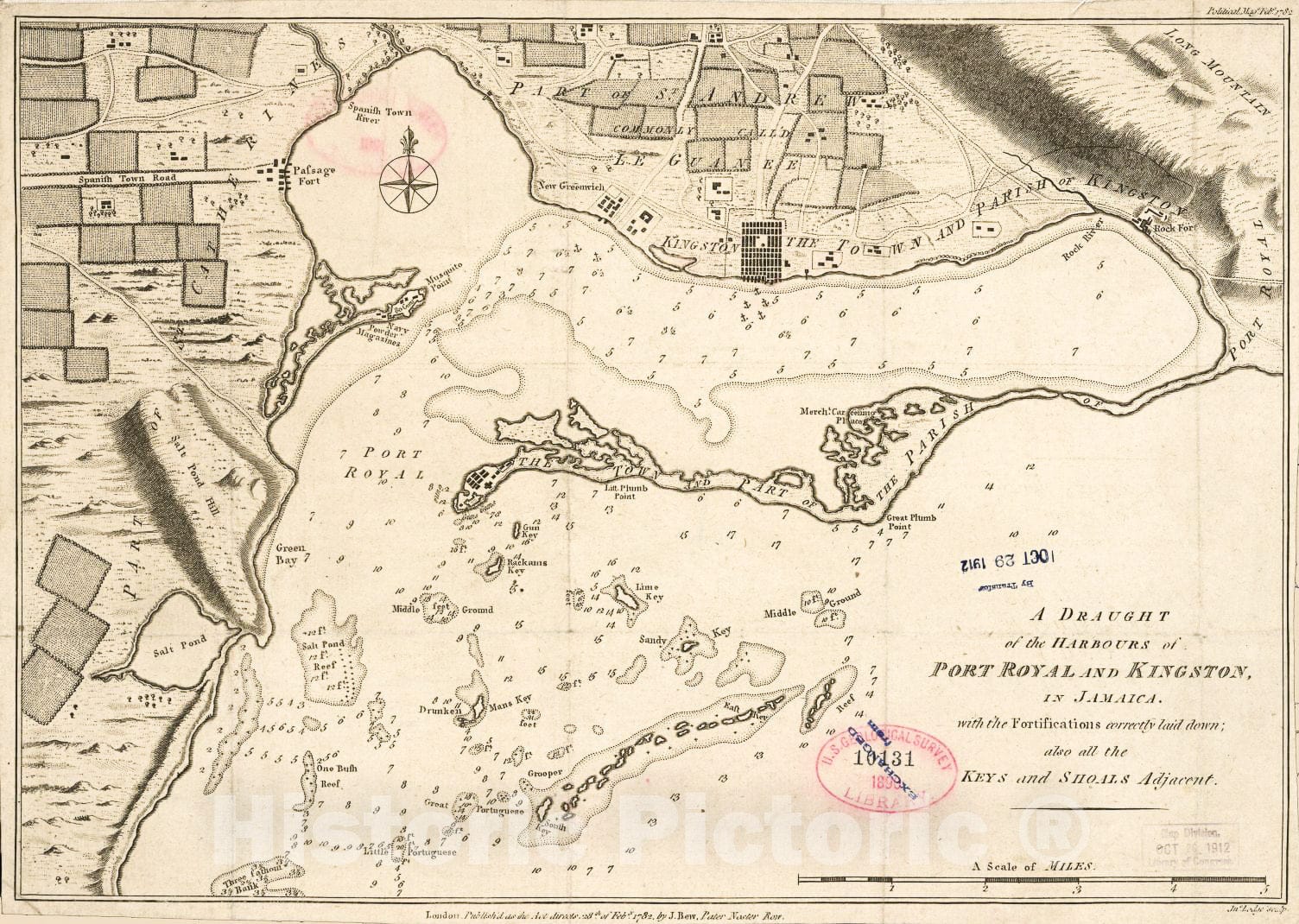 Historic 1782 Map - A Draught of The harbours of Port Royal and Kingston in Jamaica with The fortifications Correctly Laid Down, Also All The Keys and Shoals Adjacent