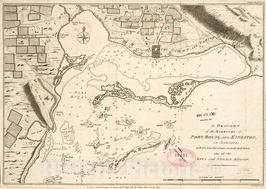 Historic 1782 Map - A Draught of The harbours of Port Royal and Kingston in Jamaica with The fortifications Correctly Laid Down, Also All The Keys and Shoals Adjacent