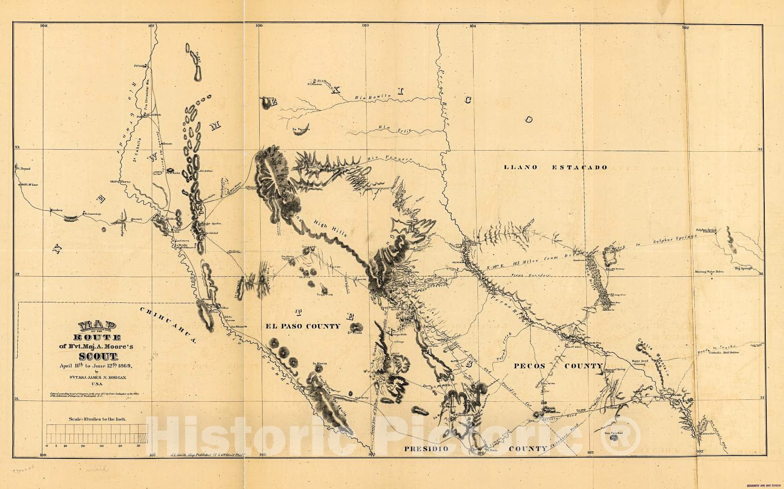 Historic 1869 Map - Map of The Route of B'vt. Maj. A. Moore's Scout, April 11th to June 12th 1869
