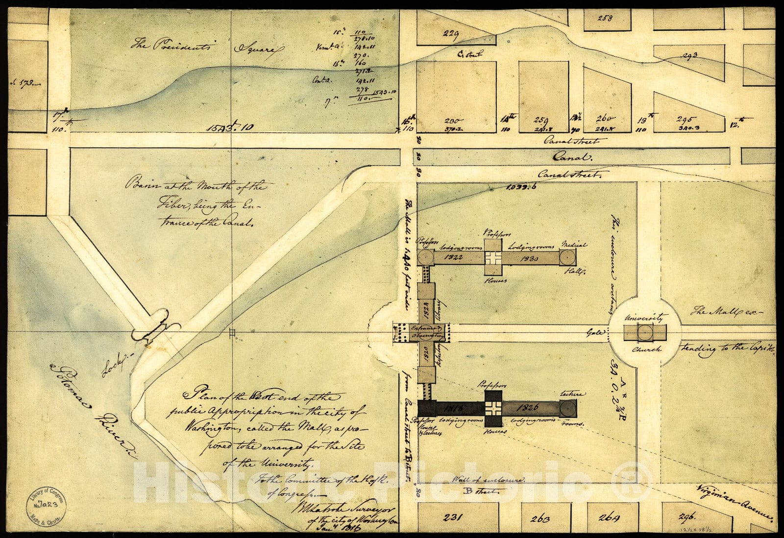 Historic 1816 Map - Plan of The west end of The Public Appropriation in The City of Washington, Called The Mall : as Proposed to be Arranged for The site of The University
