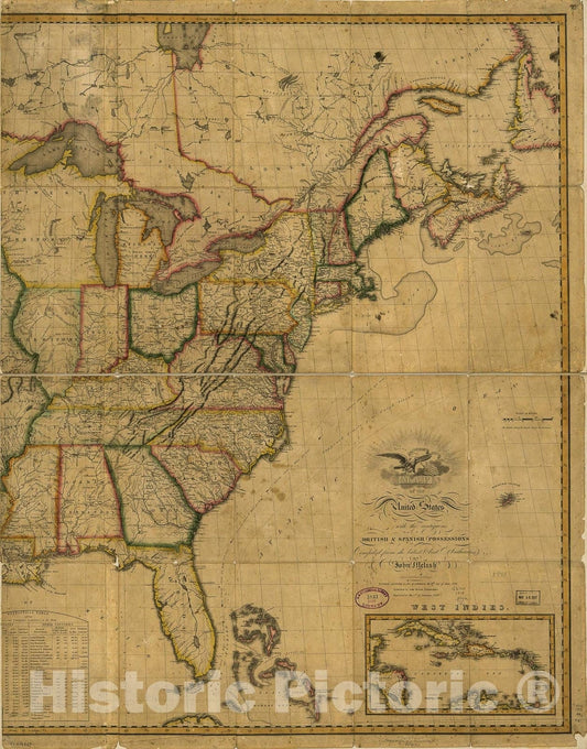Historic 1818 Map - Map of The United States of America : with The contiguous British and Spanish Possessions 1