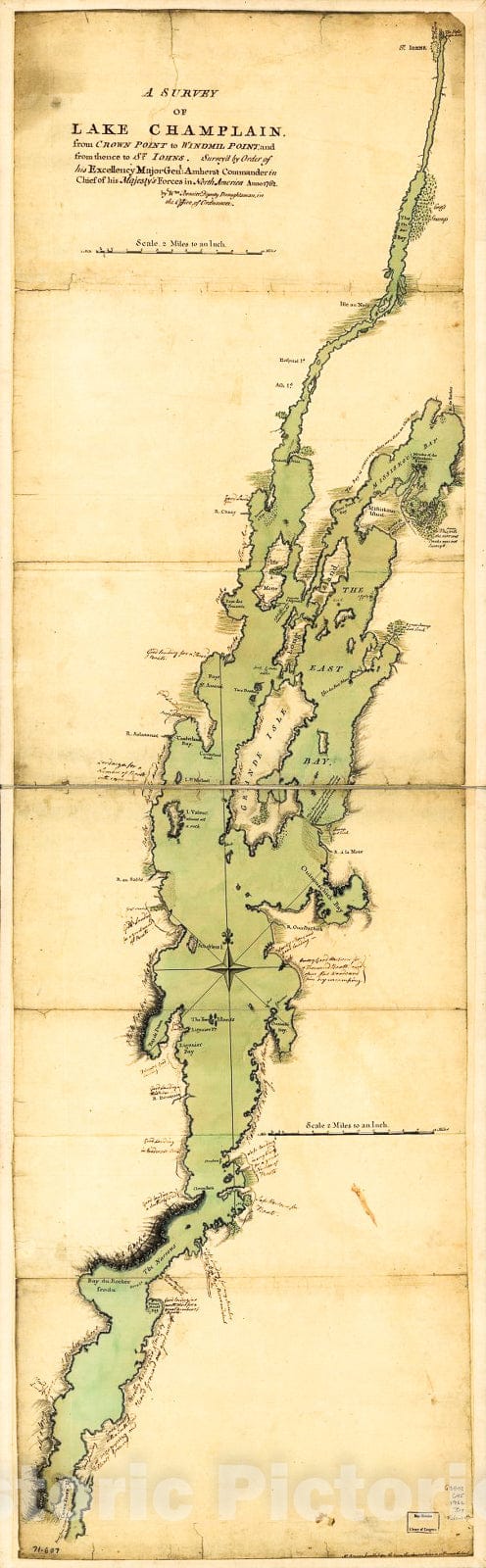 Historic 1762 Map - A Survey of Lake Champlain, from Crown Point to Windmil Point, and from thence to St. Iohns.
