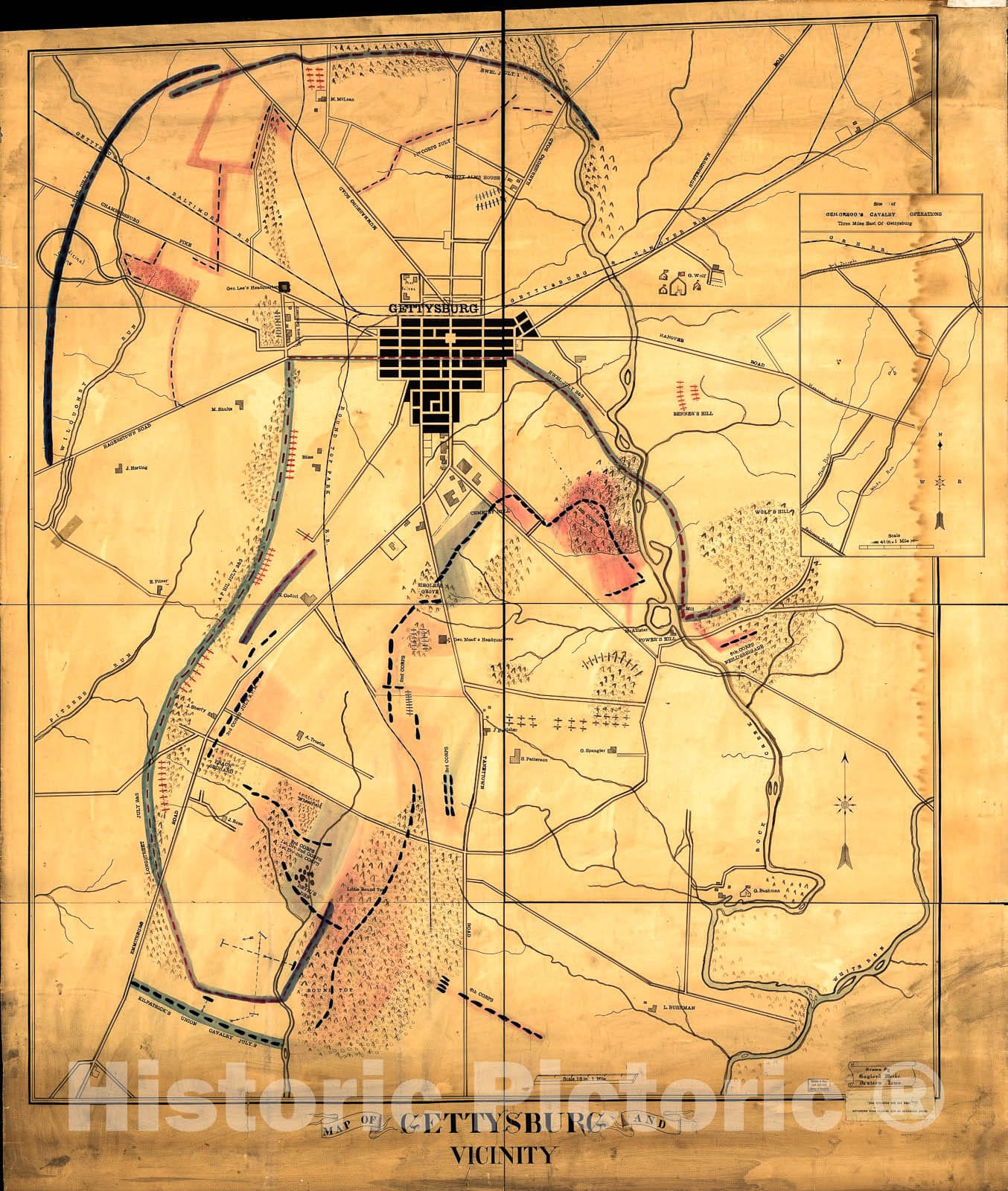 Historic 1863 Map - Map of Gettysburg and Vicinity