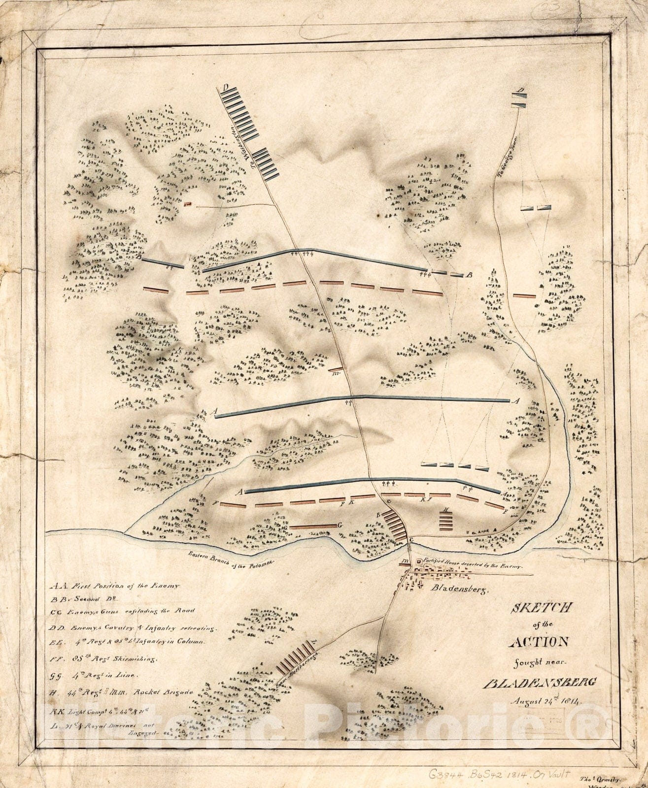 Historic 1816 Map - Sketch of The Action Fought Near Bladensberg i.e. Bladensburg, August 24th, 1814
