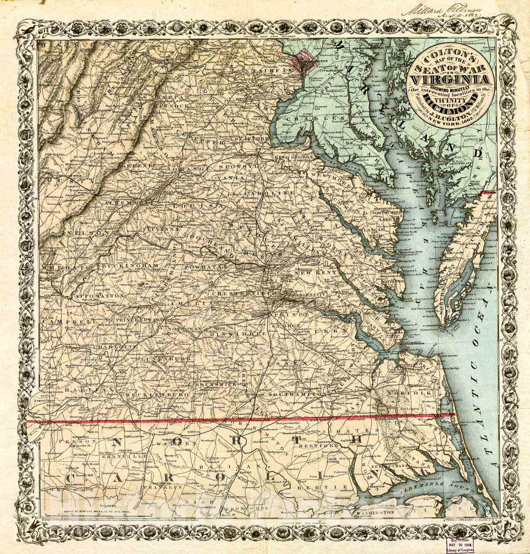 Historic 1862 Map - Colton's map of The seat of war in Virginia : Showing minutely The Interesting localities in The Vicinity of Richmond.