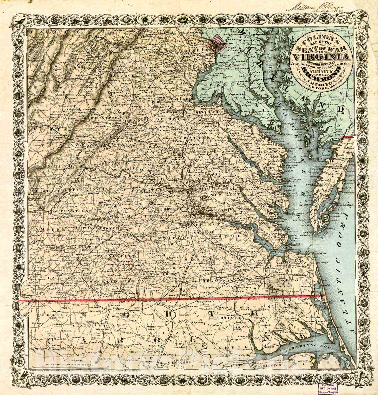 Historic 1862 Map - Colton's map of The seat of war in Virginia : Showing minutely The Interesting localities in The Vicinity of Richmond.