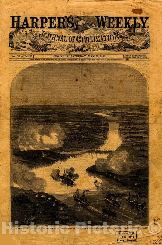Historic 1862 Map - Balloon View of The Attack on Fort Darling in The James River, by Commander Rogers's sic i.e, Rodger's Gun-Boat Flotilla;Galena;Monitor; etc.