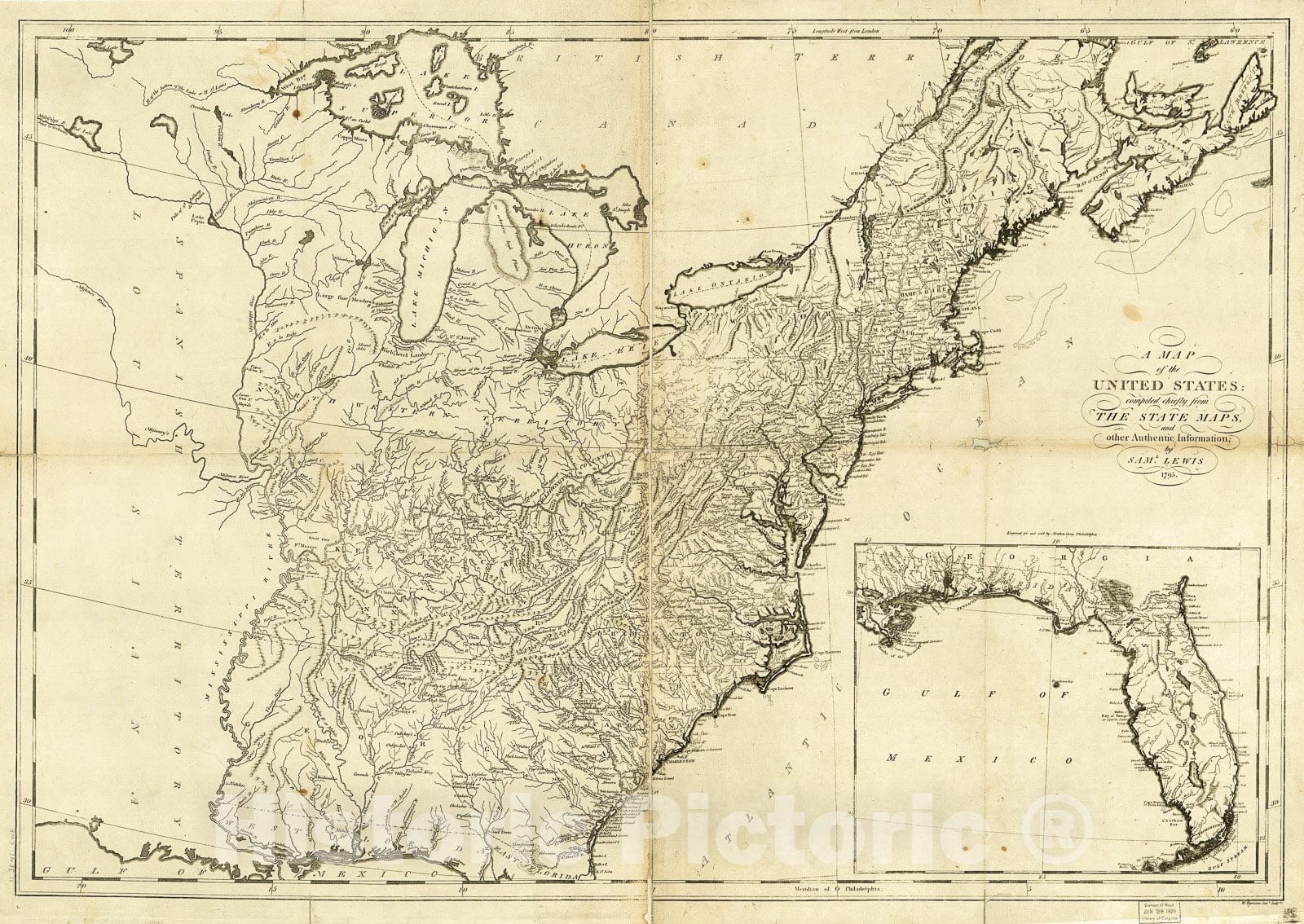 Historic 1795 Map - A map of The United States : compiled chiefly from The State maps and Other Authentic Information
