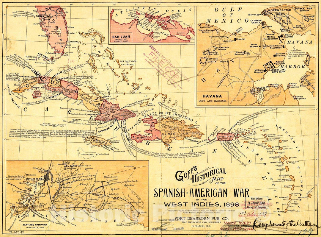 Historic 1898-1899 Map - Goff's Historical map of The Spanish-American War in The West Indies, 1898.