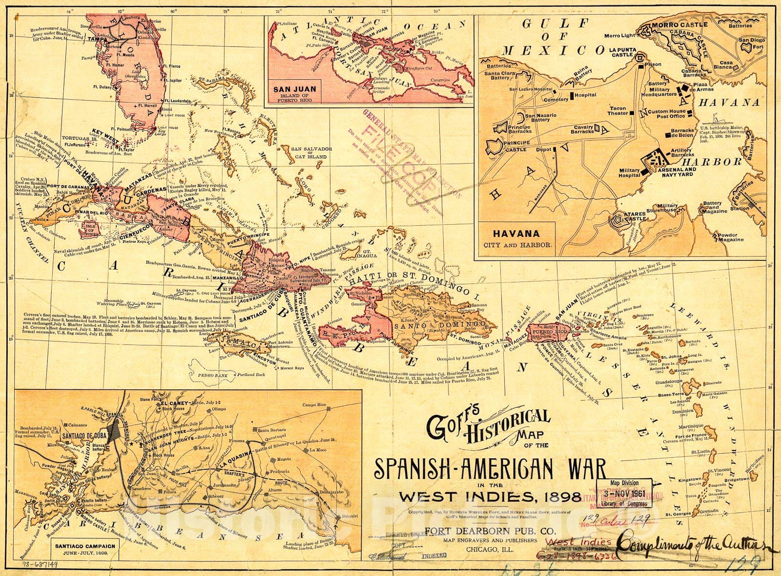 Historic 1898-1899 Map - Goff's Historical map of The Spanish-American War in The West Indies, 1898.