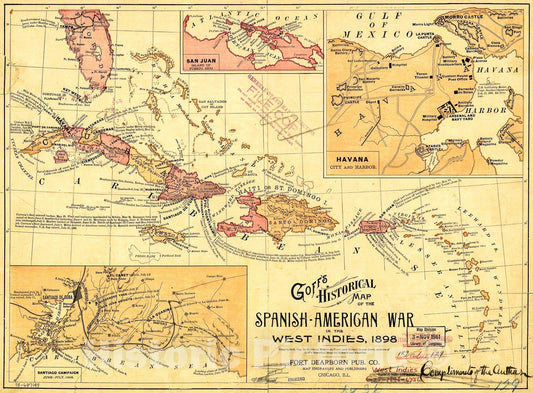 Historic 1898-1899 Map - Goff's Historical map of The Spanish-American War in The West Indies, 1898.