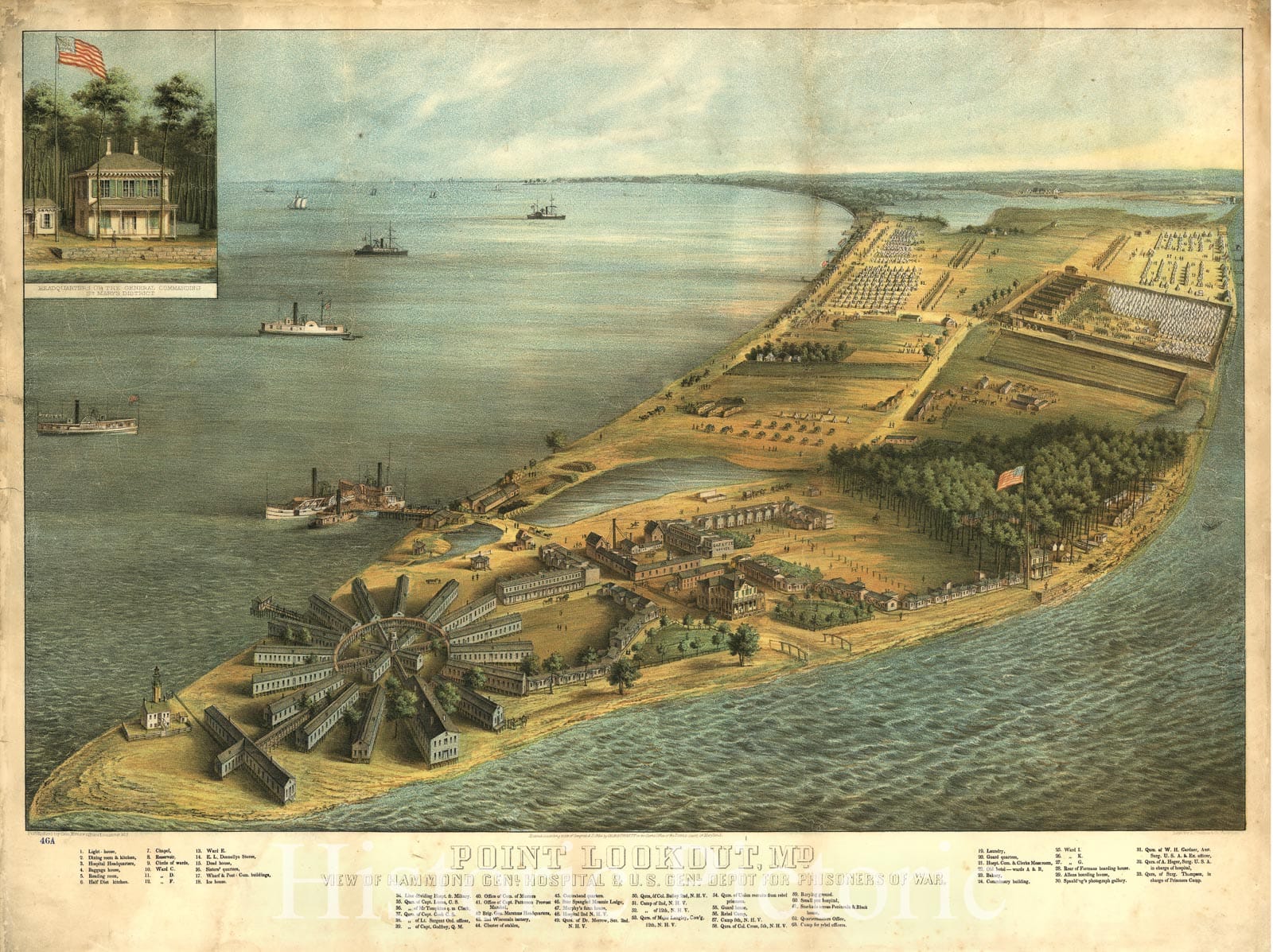 Historic 1864 Map - Point Lookout, Md. View of Hammond Genl. Hospital & U.S. genl. Depot for Prisoners of war