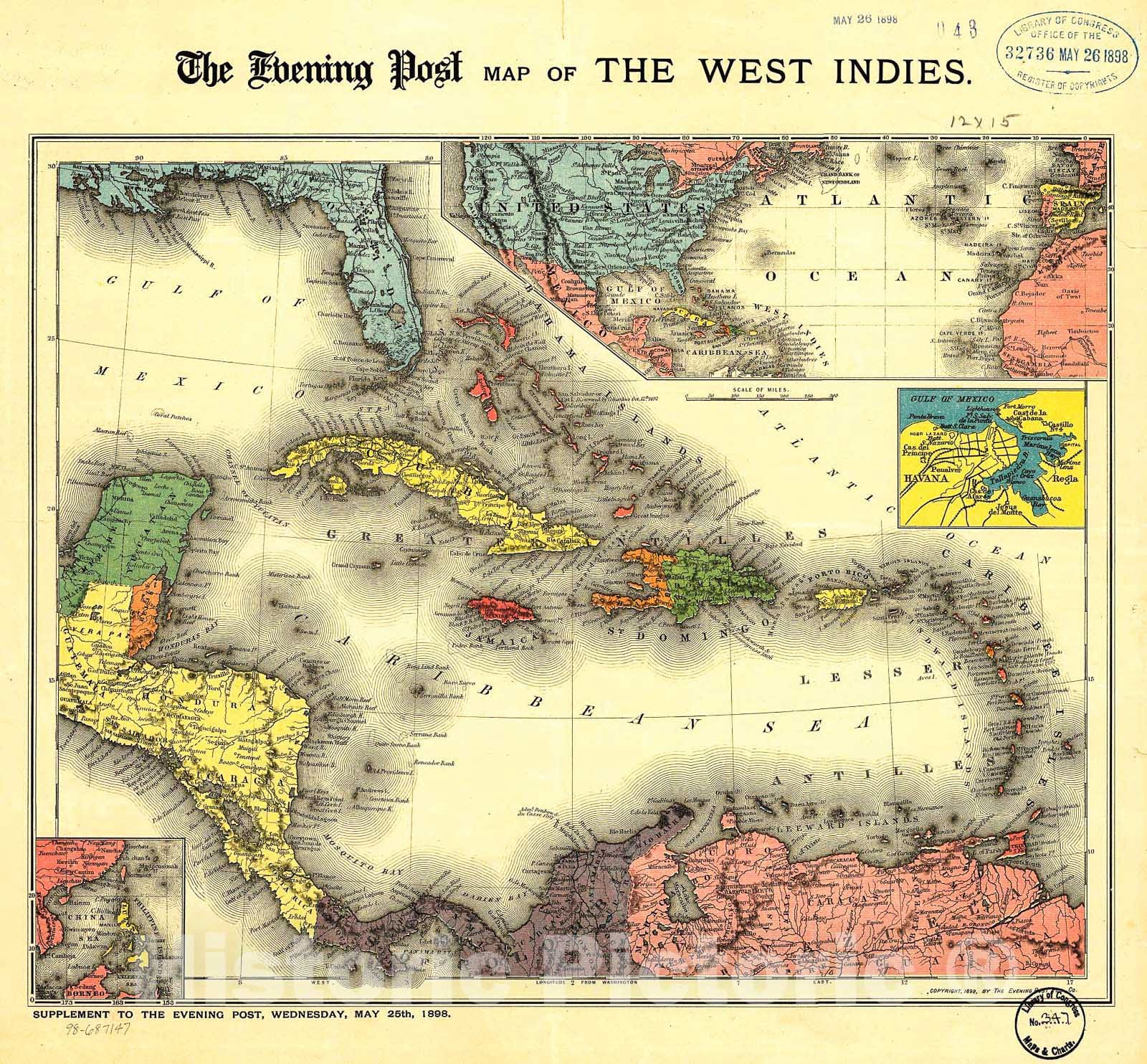 Historic 1898 Map - The Evening Post map of The West Indies.