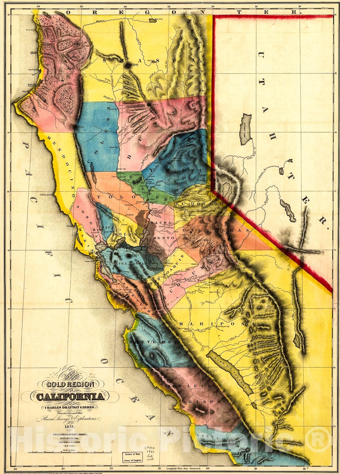 Historic 1851 Map - A New map of The Gold Region in California.