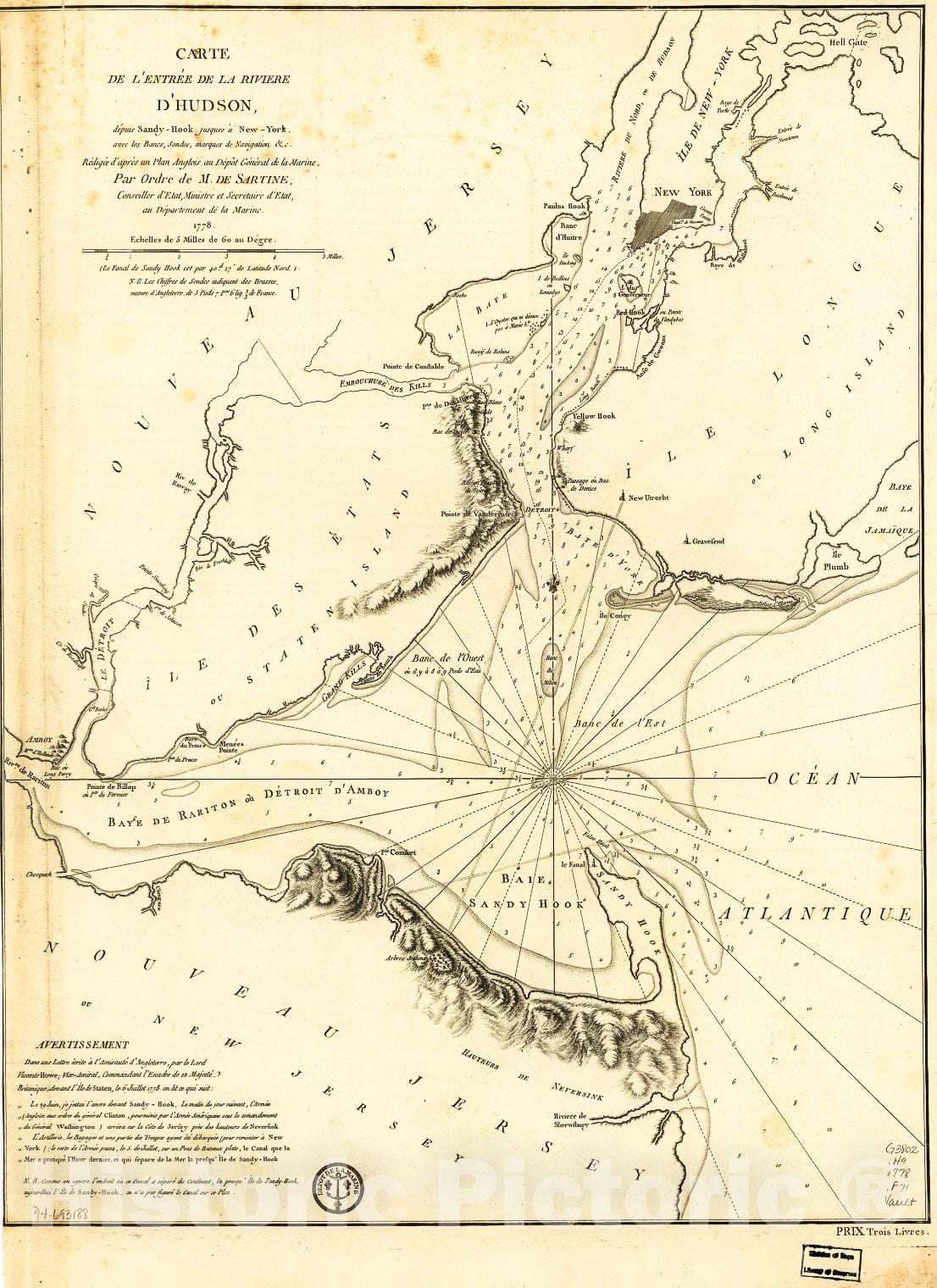 Historic 1778 Map - Carte de l'entrÃ©e de la riviÃ¨re d'Hudson, dÃ©puis Sandy-Hook jusques Ã  New-York avec les bancs, sondes, Marques de Navigation 2