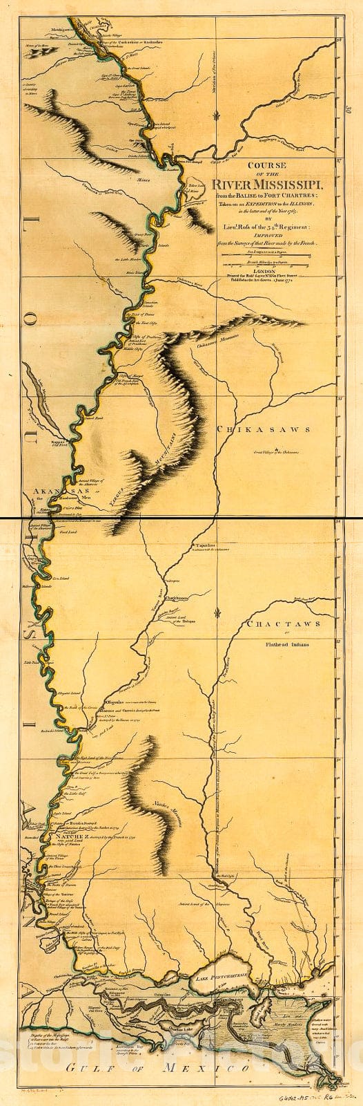 Historic 1765 Map - Course of The River Mississippi, from The Balise to Fort Chartres; Taken on an Expedition to The Illinois, in The Latter end of The Year 1765.