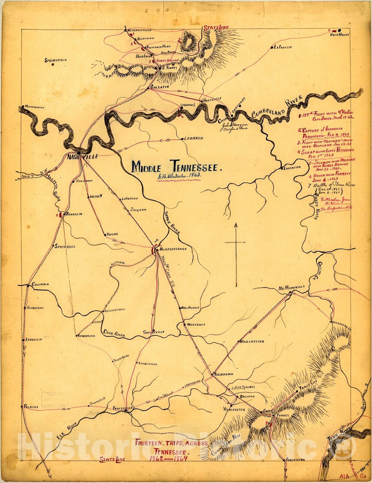Historic 1863 Map - Middle Tennessee