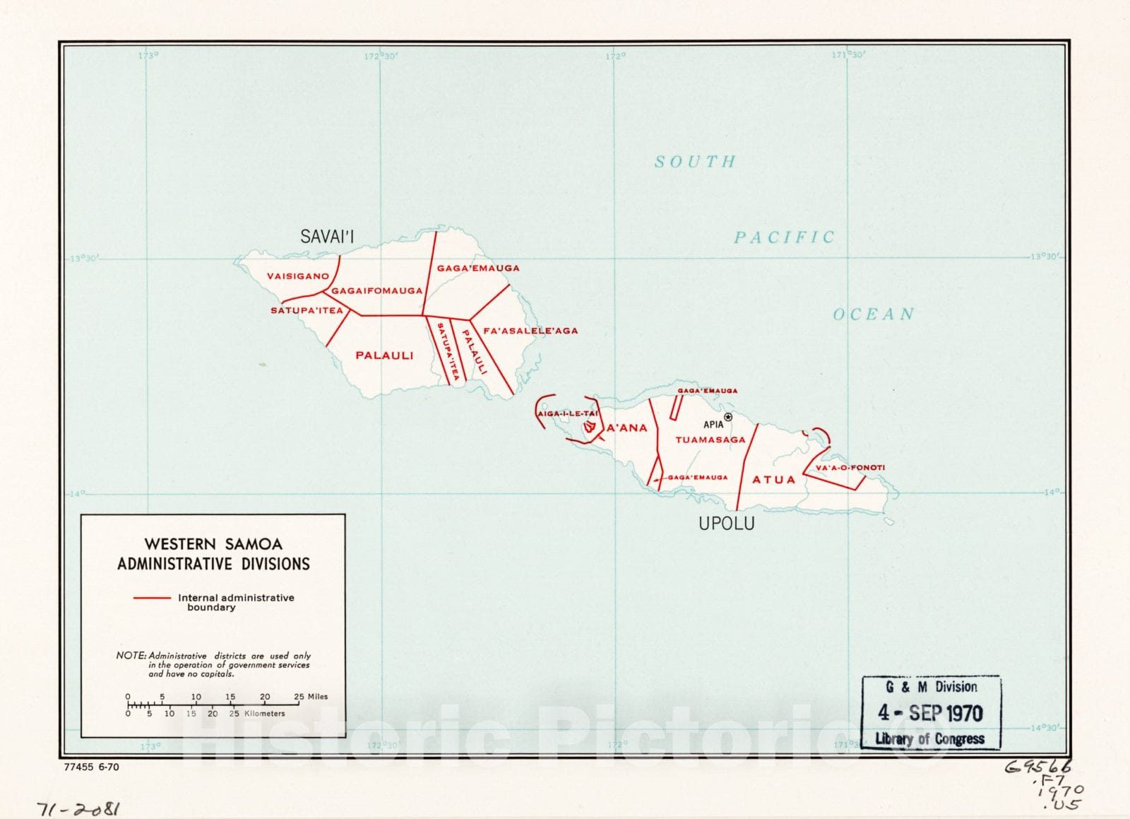 Historic 1970 Map - Western Samoa: Administrative divisions. 6-70.