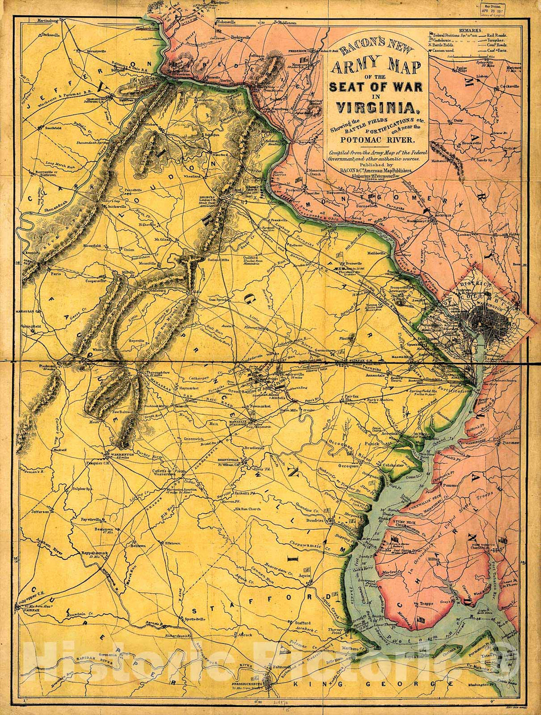 Historic 1862 Map - Bacon's New Army map of The seat of war in Virginia, Showing The Battle Fields, fortifications, etc, on & Near The Potomac River
