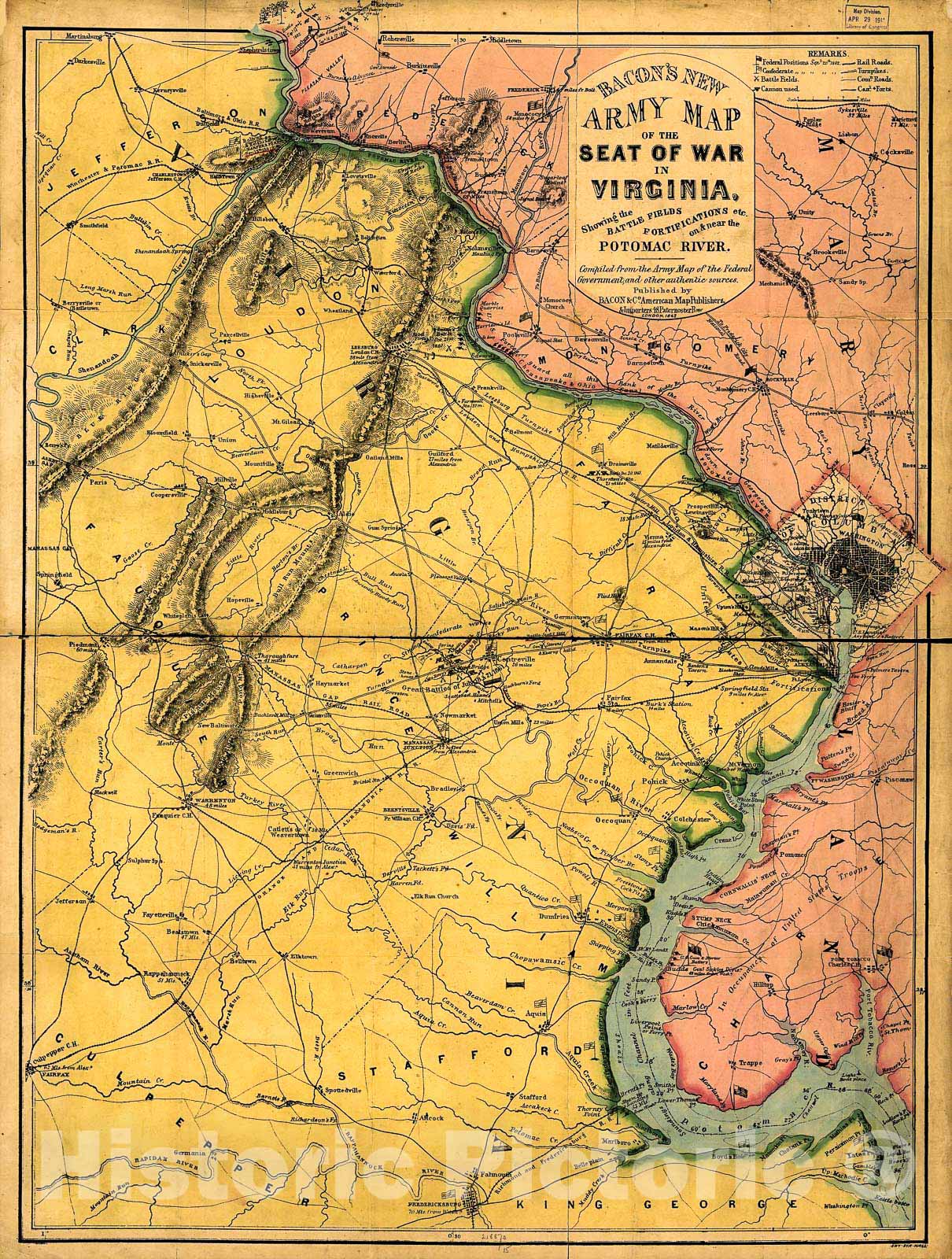 Historic 1862 Map - Bacon's New Army map of The seat of war in Virginia, Showing The Battle Fields, fortifications, etc, on & Near The Potomac River
