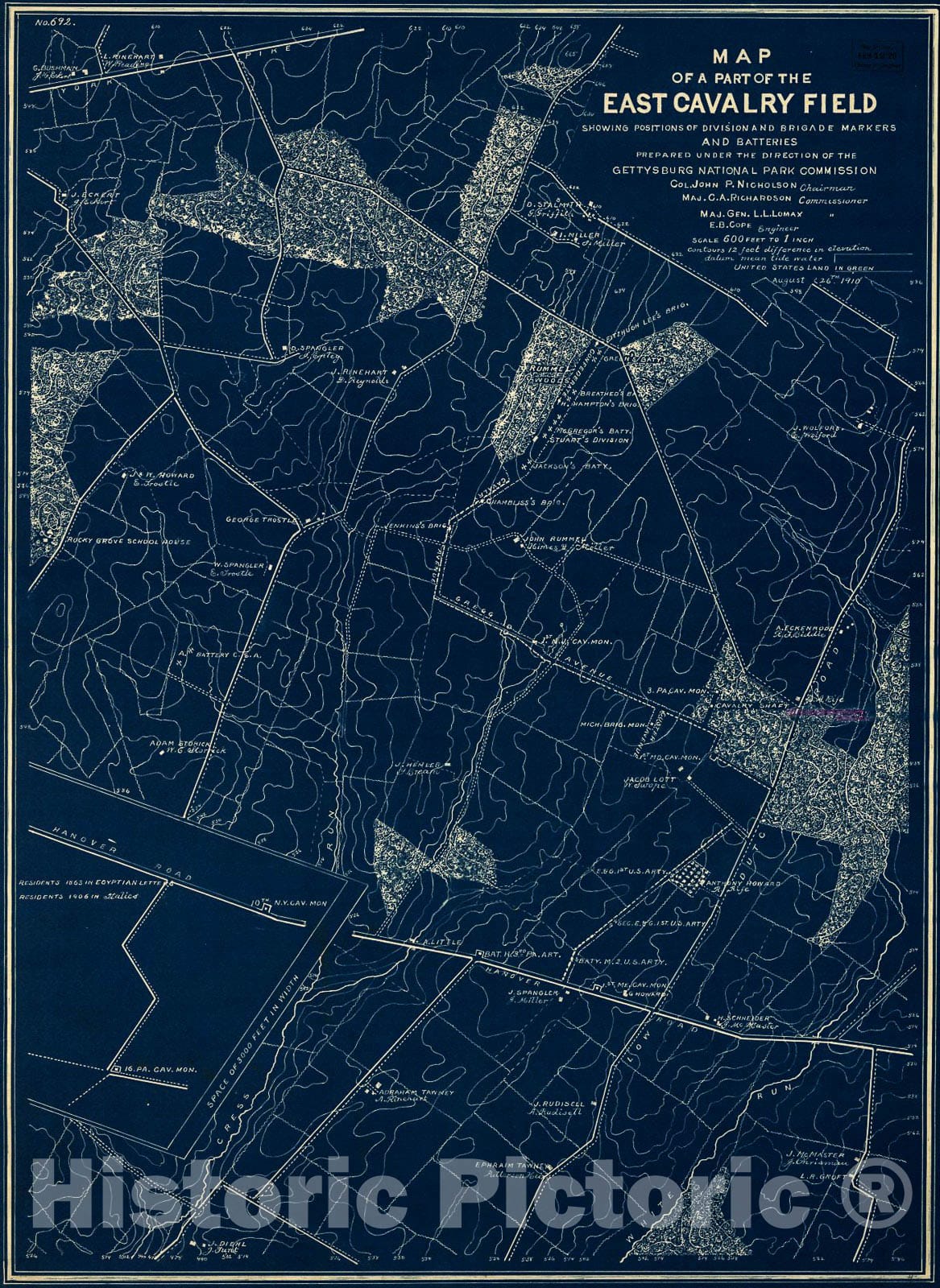 Historic 1910 Map - Map of a Part of The East Cavalry Field Showing Positions of Division and Brigade Markers and Batteries