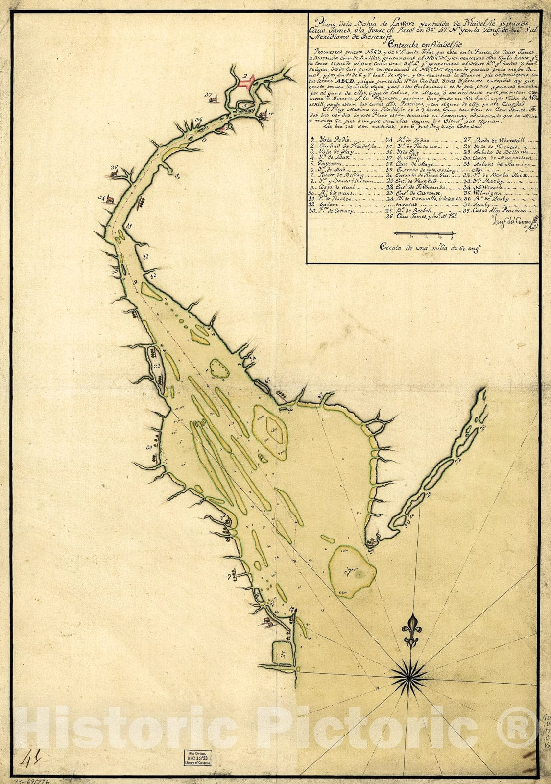 Historic 1780 Map - Plano de la Bahia de la Ware y entrada de Filadelfie